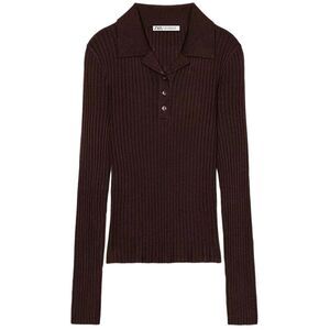 Zara Dark Brown Ribbed Collared Long-Sleeve Sweater